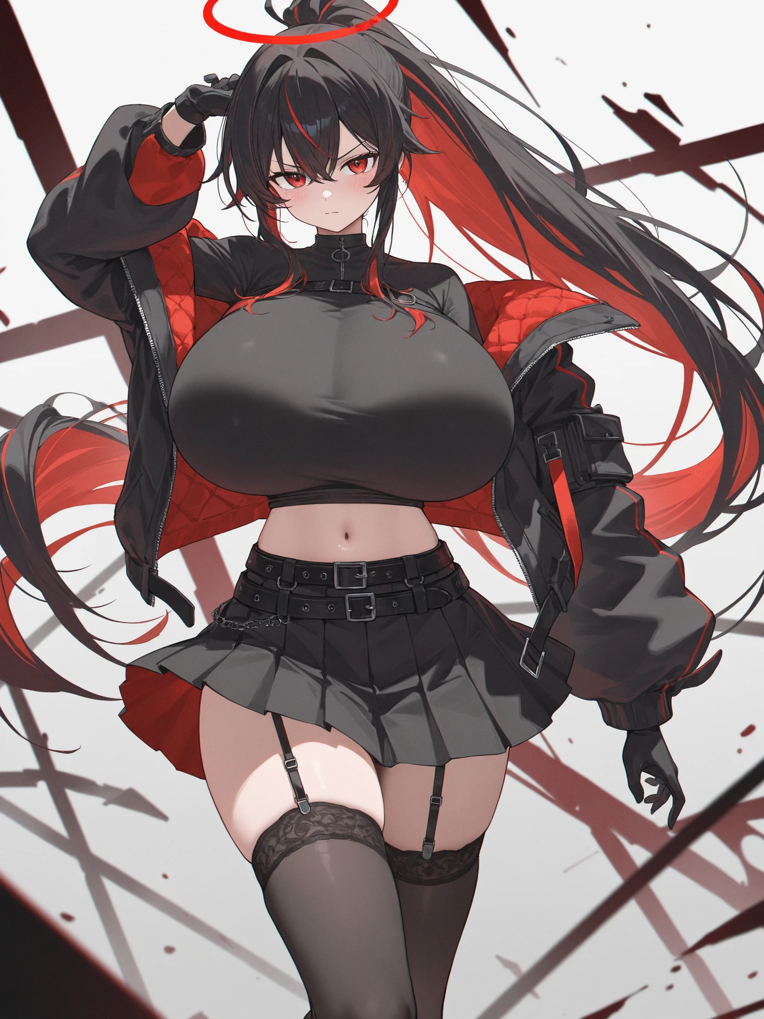 ecup boobed black hair and red eyes with thick but toned thighs with thigh highs and a tight skirt