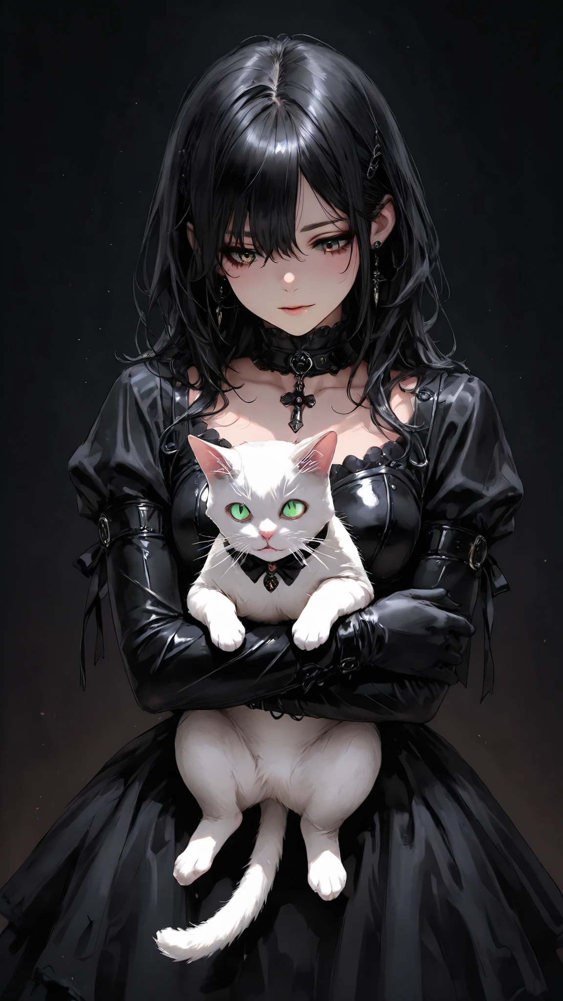 high resolution , masterpiece, correct, Highest Quality, high resolution model, High Details, Anatomically correct, Norman Rockwell & Tim Burton style、Watercolor touch、 Edward Scissorhands、black leather costume held at the event、skinny, fair skinned man、Alone, dark background 、 fantasy shot with Nikon Z7 II mirrorless camera、 horror、 darkness、gothic、1 girl playing with a cat,