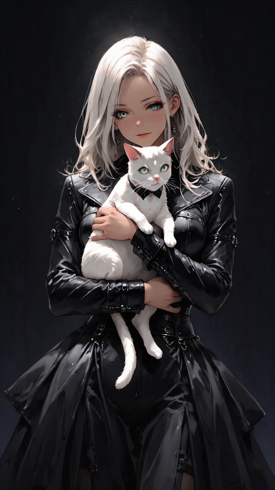 high resolution , masterpiece, correct, Highest Quality, high resolution model, High Details, Anatomically correct, Norman Rockwell & Tim Burton style、Watercolor touch、 Edward Scissorhands、black leather costume held at the event、skinny, fair skinned man、Alone, dark background 、 fantasy shot with Nikon Z7 II mirrorless camera、 horror、 darkness、gothic、1 girl playing with a cat,