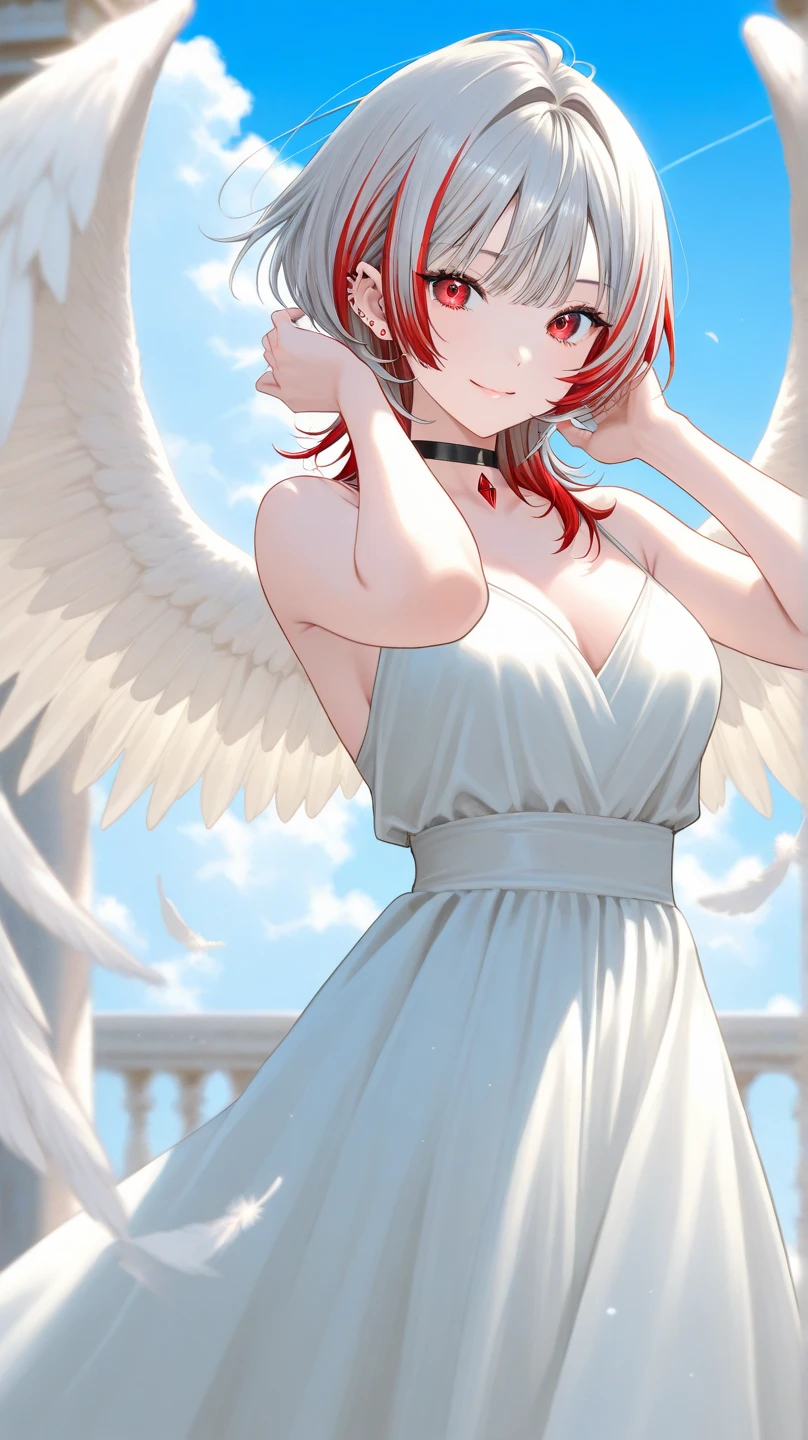 Woman wearing white clothes,Red Hair,Short Hair,Her eyes are golden,Small breasts,It has white wings.,Feathers on clothes,