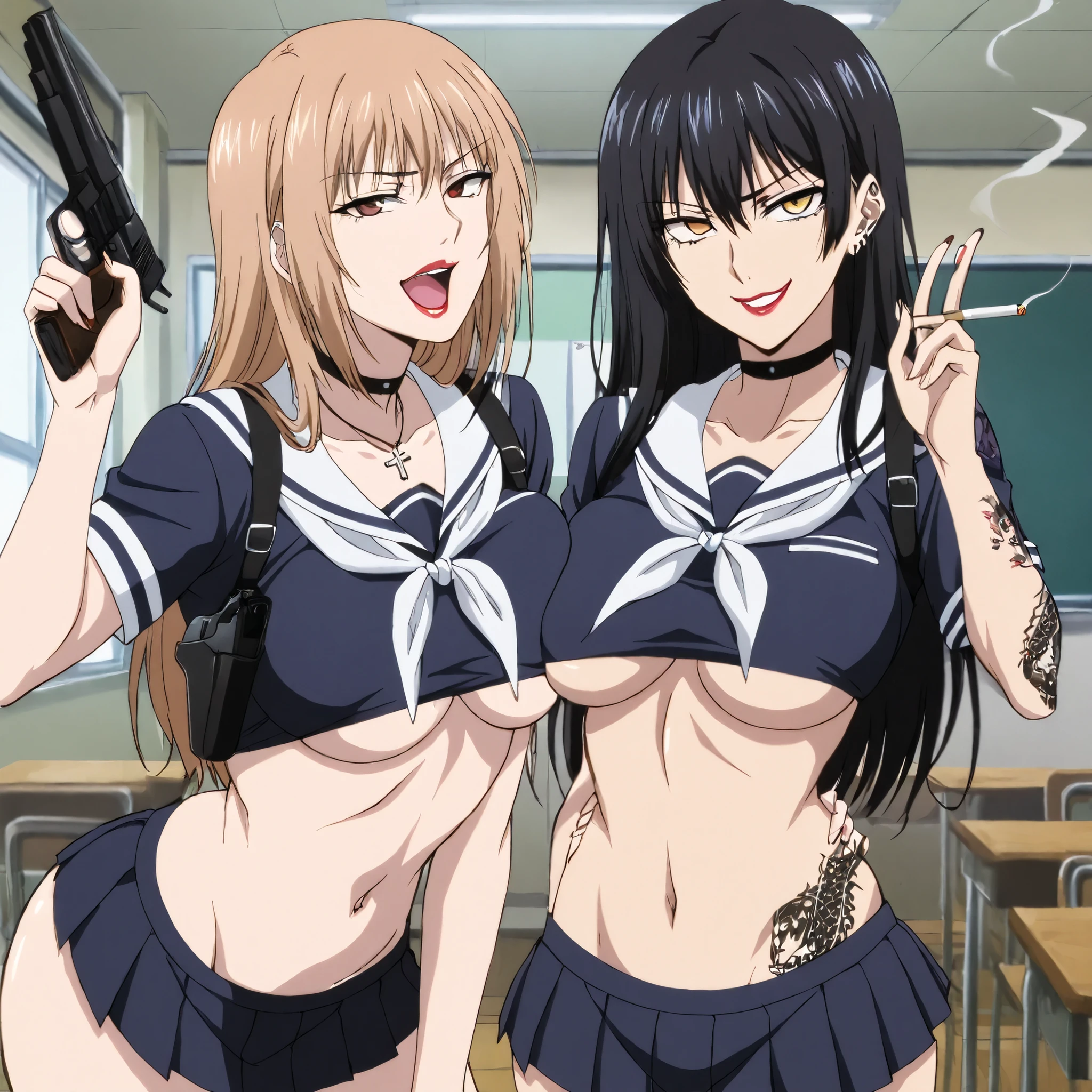 2girl, two girl, long hair, blush, lipstick, medium breasts, masterpiece, best quality, highly detailed, a anime girls in sailor uniforms with a gun posing for a picture, evil smile, smile, open mouth,black_serafuku, ecchi anime style, anime girls , ecchi style, ecchi, shipgirls, digital anime art!!, high school girls, holding a gun, hold a gun, anime style 4 k, micro skirt, exposed belly, exposed navel, exposed midriff, exposed lower belly,school, classroom, navel piercing