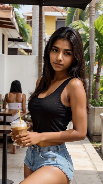lovely cute young attractive indian teenage girl in a black bikni. 25 years old, cute, an Instagram model, long black_hair, , winter, sitting in a coffee shop, Indian