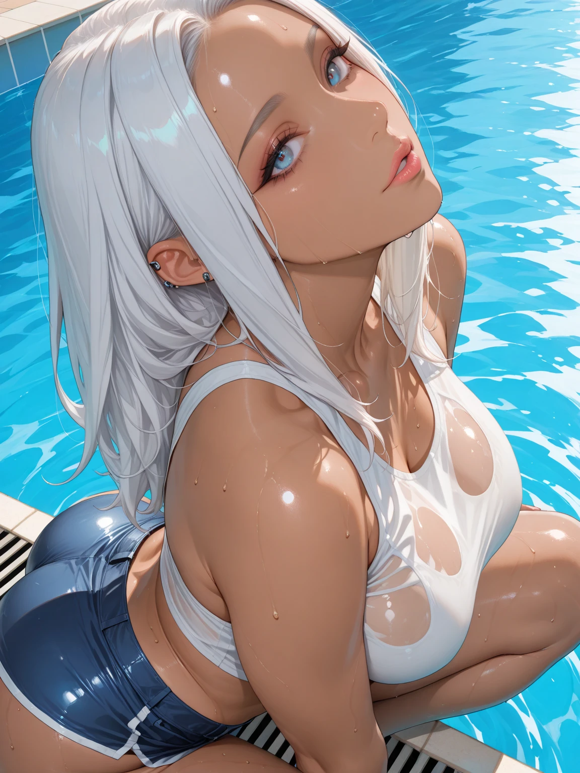 (masterpiece, highres, best quality, ultra detailed, detailed background, cinematic lighting:1.2), (beautiful detailed face, detailled eyes), pool, sunset, 1girl, long hair, white silver hair, straight hair, bangs, swept bangs, medium breasts, perky breasts, toned, red eyes, casual one-piece swimsuit, competition swimsuit, wet, wet hair, wet swimsuit, water drop, shiny skin, shiny lips, sexually suggestive, perfect body,fox ears,(( blush on)),lying on ,open air, perfect white tails,((fox tails))