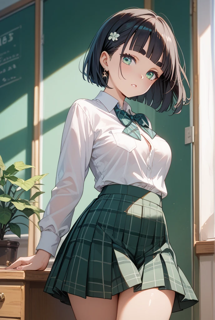 A beautiful girl that wears a dark green crop-top which barely hides her ample chests, green short-shorts, black thigh-high stockings that hug her thighs, dark green eyes, tomboyish, masculine, grinning widely, confident smile, dismissive, arrogant, short neat bob hair, soft light, anime style, HIGH QUALITY, MASTERWORK, shirt print, vector, extremely detailed eyes, dynamic print, anime girl, zoomed out, golden ratio body, hourglass body, minimalism, bold colors, sharply detailed, highly stylized anime illustration, hyper - detailed illustrations, modern, vibrant colors, ultra detailed, acrylic painting, trending on fanbox pixiv, low poly, isometric art, high detail, artstation, concept art, behance, ray tracing, smooth, sharp focus, ethereal lighting, marinkitagawa, marin kitagawa, Green hair, choker necklace, , Long hair, Piercing, (Green eyes:1.5), Straight hair, sweeping bangs,
BREAK black necktie, Long sleeves, Pleated skirt, school uniform, shirt, Skirt, Sleeves rolled up, White shirt, cleavage,
Break indoors, Classroom,
BREAK looking at viewer, Break (Masterpiece:1.2), Best quality, high resolution, Unity 8k wallpaper, (illustration:0.8), (Beautiful detailed eyes:1.6), Extremely detailed face, Perfect lighting, Extremely detailed CG, (Perfect hands, Perfect anatomy),