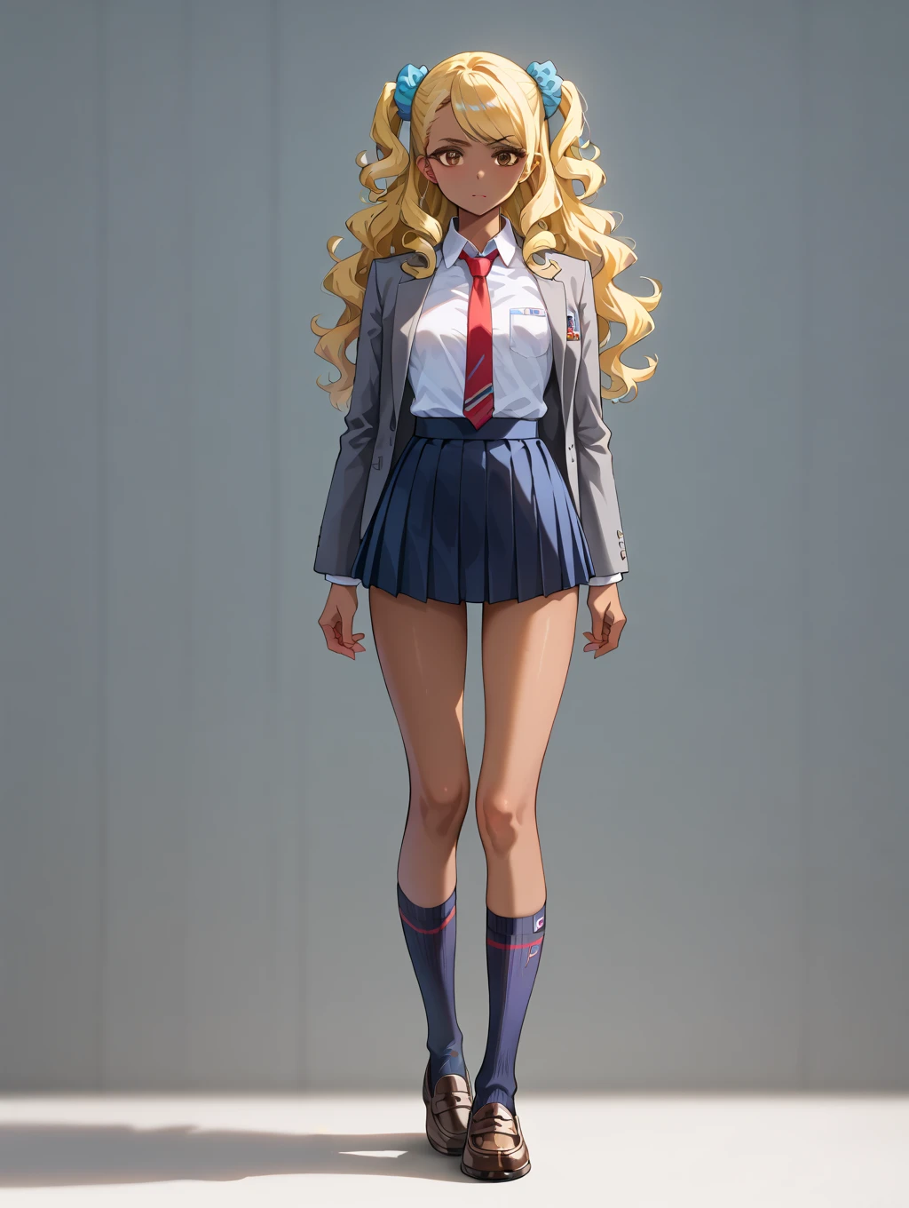 (masterpiece, best quality, ultra-detailed, ultra-HD, photorealistic, cinematic), (alluring anime girl), (Marin Kitagawa), perfect body, sexy body, perfect face, perfect hands, delicate face, large breasts, round ass, long round legs, (wide shot, full body view:1.5), (golden blonde hair, peachy pink gradient at the ends), (waist length hair),(wearing high school uniform, a shirt tied at the waist with the sleeves rolled up, a skirt plaid above the knee, and a slightly loosened tie, along with a choker, necklace, and a chain on her wrist, her uniform has a chest pocket on the right), (standing, sensual pose), (gradient background), fuchsia eyes, detailed pupils, nude lips, blushing, (slightly parted lips), psycho smile, excited smile
