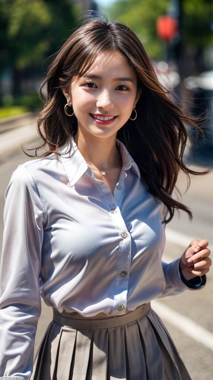 (masterpiece, highest quality, Realistic, Very detailed, In detail, High resolution, 8k wallpaper), Close up portrait of beautiful woman, Standing in the city, Earrings, necklace, Laughing happily, Light brown messy long hair, Wearing a black business suit, White collared see-through blouse,Wear on bare skin,Unbutton down to the chest,Sharp Focus, Large Breasts, Perfect dynamic composition, Beautiful fine details, Detailed Hair, Detailed and realistic skin texture, Fashion magazine cover, Professional photography, ,xx mix_girl