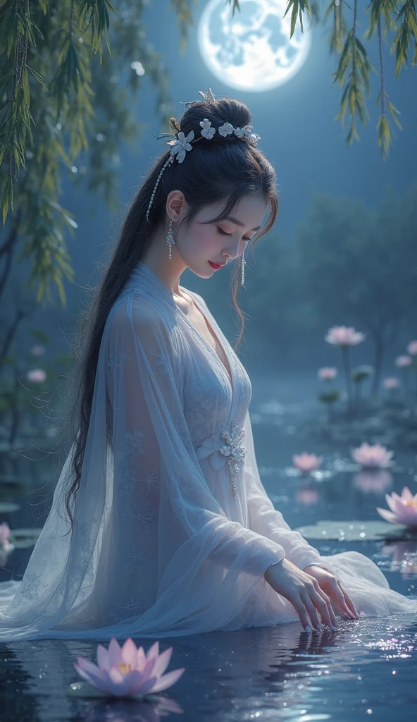 ultra high resolution,((masterpiece))),(((best quality))),((super detailed)),((extremely delicate and beautiful)),cinematic light,detailed environment,(real),cinematic light,detailed environment,(real),
(RAW photo, 4k, realistic, exquisitely detailed skin :1.3),masterpiece,best quality,an award-winning work,ultra detailed,depth of field,cinematic angle,cinematic light,low key,dark scene,(soft warm laterial lighting:1.2),(hdr:1.4),
(hyperrealism, soft light, sharp),(hyperdetailed:1.2),cinematic lighting,explosions,over exposure,intricate details,magazine cover,dynamic angle,chiaroscuro,emotional impression,lying,
(realistic, photo-realistic:1.37),extremely detailed,photography,8k,Amazing,finely detailed,best quality,ultra high res,exceptional detail,atmospheric depth,masterful technique,harmonious composition,cinematic lighting,immersive atmosphere,stunning visuals,rose Red and blue,light bronze and indigo,
xuer Lotus leaf,1girl,(full body:1.1),hanfu,chinese clothes,long sleeves,jewelry,Dynamic Angle,Perspective,extremely beautiful skin,natural skin texture,beautiful and aesthetic,atmospheric,extremely detailed background,(shiny skin:1.5),(exposed collarbone, exposed shoulders:1.2),
<lora:~Q?-wS xuer Lotus leaf:0.8>,