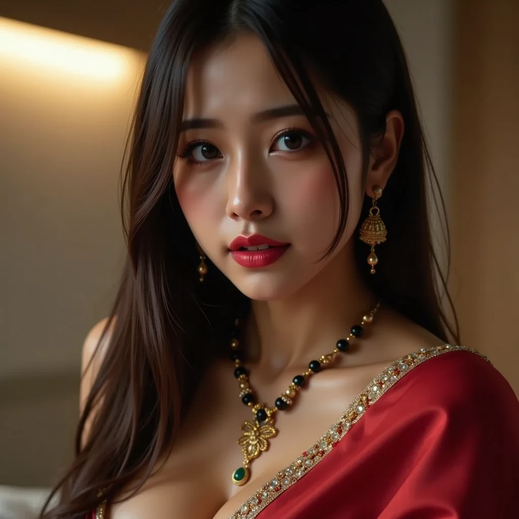 23 year old woman long dark hair, ojos claros definidos, rostro hermoso, labios sensuales, manos y pies reales huperrelistas no deformes, cuerpo hermoso y definido, wearing a traditional Chinese costume sensual with lips with red lipgloss beautiful sensual provocative mischievous