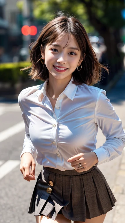 (8k, best quality, masterpiece:1.2), (realistic, photo-realistic:1.37), ultra-detailed, 1 girl, full body, outdoors, (adjusting hair:1.5) office lady, black officeblazer, officeskirt, (pantyhose:1.2), (short buttoneddownshirt:1.2), buttonedupcollarprim, buttoneddowncollarprim, bra, (pantyhose:1.2), alphalayers, highheels, beautiful earrings, cute, solo, beautiful detailed sky, (smile:1.15), (closed mouth), small breasts, beautiful detailed eyes, business attire, (short hair:1.2), floating hair NovaFrogStyle