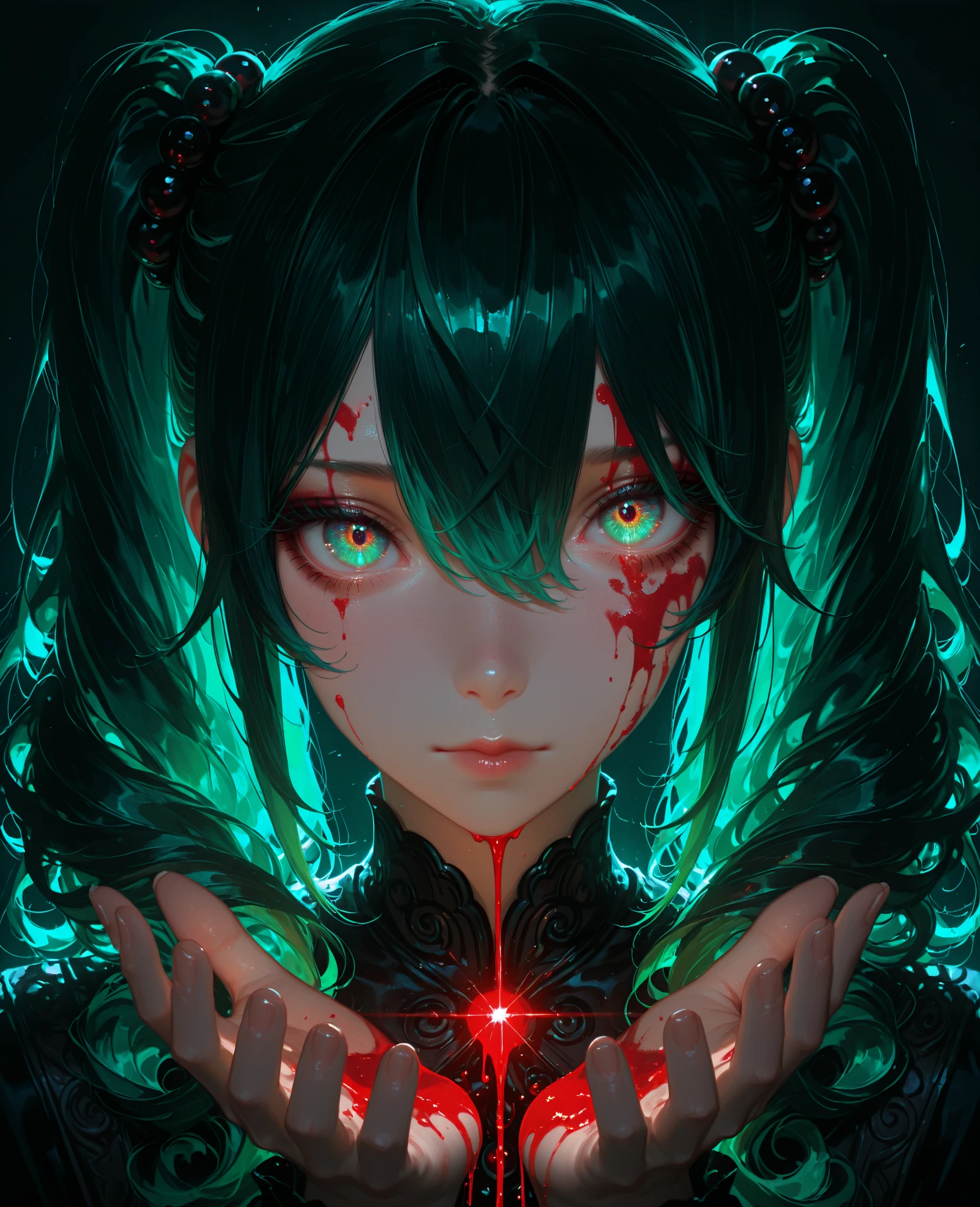 The anime funk horror album cover has blood on the face and one neon green eye like the devil and the other black eye with neon green tints.