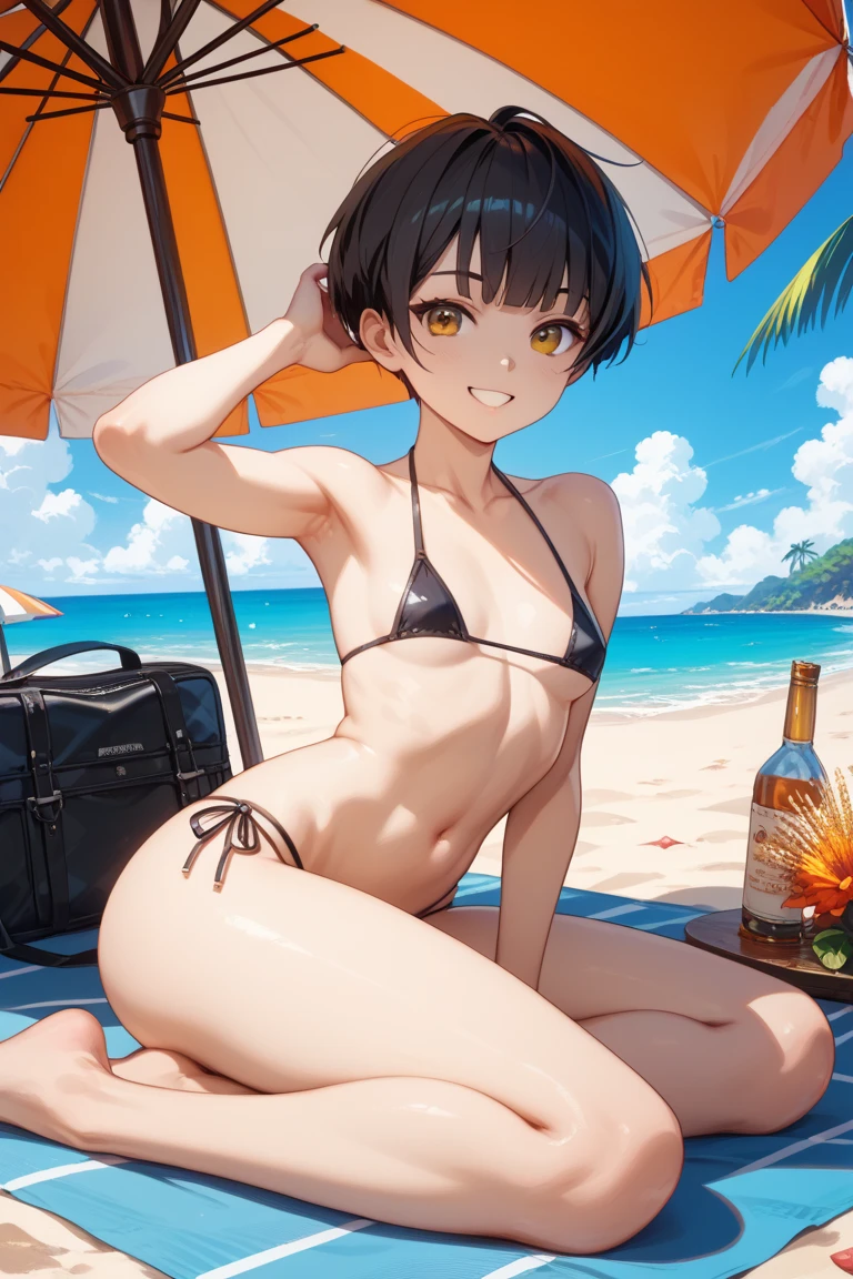 (masterpiece:1.2), (pale skin:1.2), (8k:1.2), (solo:1.2), (female:1.1), (emphasis lines:1.3), (brown hair:1.1), short hair, (cap:1.1), headwear, (small bikini bra:1.2), (shorts:1.1), (beach:1.2), smile, outdoors, (red scarf:1.1), yellow eyes