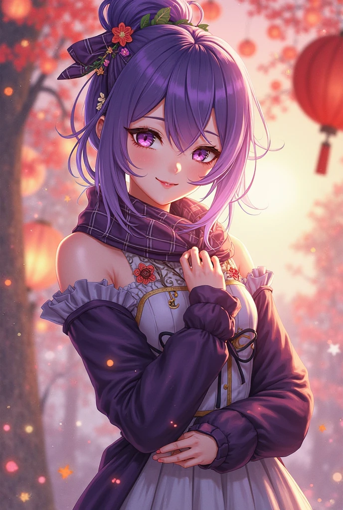 masterpiece, best quality, absurdres, looking at viewer, solo, , hair bun, skirt, scarf, off-shoulder Dress made of small square Glass pieces, white skirt, purple hair, ponytail, purple eyes, diamond-shaped pupils, hair ornament, bare shoulders, smile, breasts, cone hair bun, long hair, belt, double bun, long sleeves, bangs, bow, hair flower, hair bow,ribbon, hair ribbon, braid, plaid scarf, plaid, off shoulder