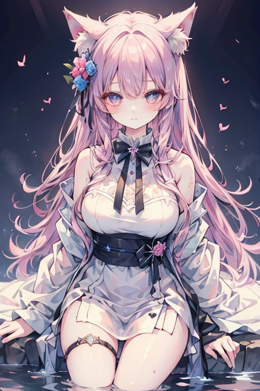 Fox Ears, Fox's Tail, ( masterpiece、Highest quality、Highest quality、water彩画(curly)、Official Art、Beautiful and aesthetic:1.2)、(One Girl:1.3)、(Fractal Art:1.3)、pattern、(Rainbow Hair、Colorful Hair、Half blue and half light pink hair:1.2)、water、liquid、 cloud、Starry Sky、performer、((rain)),(((Cherry Blossom))),
One girl, alone, Red eyes,White-haired God,Long white hair,headgear,Best Shadow, Shallow depth of field, Stunningly beautiful girl, , delicate, Beautiful and attractive face, Tabletop, Highest quality,artistic