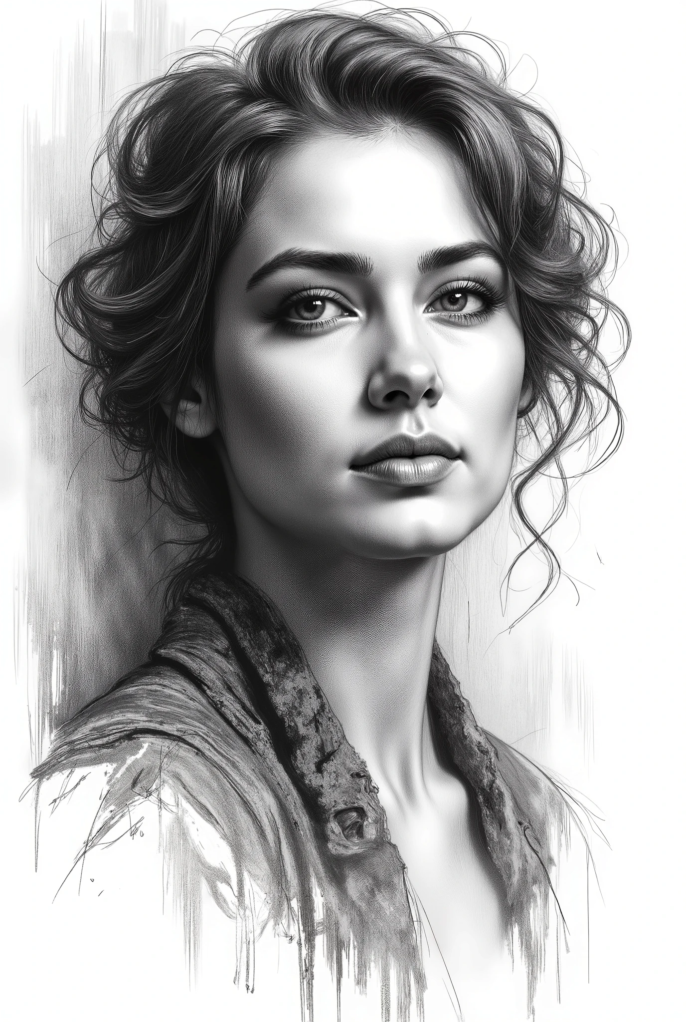 pencil drawing, Black and White, Touch of a pencil , soft-focus realism covered with graphite brushstrokes, gentle and confident expression, detailed Touch of a pencil , black and white sketch on white paper, with classical aesthetics、precise pencil portrait, Waste paper texture , very detailed. (Highest Quality, 4K, 8k, Hi-Res, masterpiece:1.2), Super Detailed, (Realistic, photoRealistic, photo-Realistic:1.37), lithograph portrait, A dark-haired woman with a short bob painted on a golden painting, in Charlie Bowwater style, monochrome sketch on white paper, Michael Garmash, comic art, Realisticカラーパレット, dark black and beige, dark blue and dark black