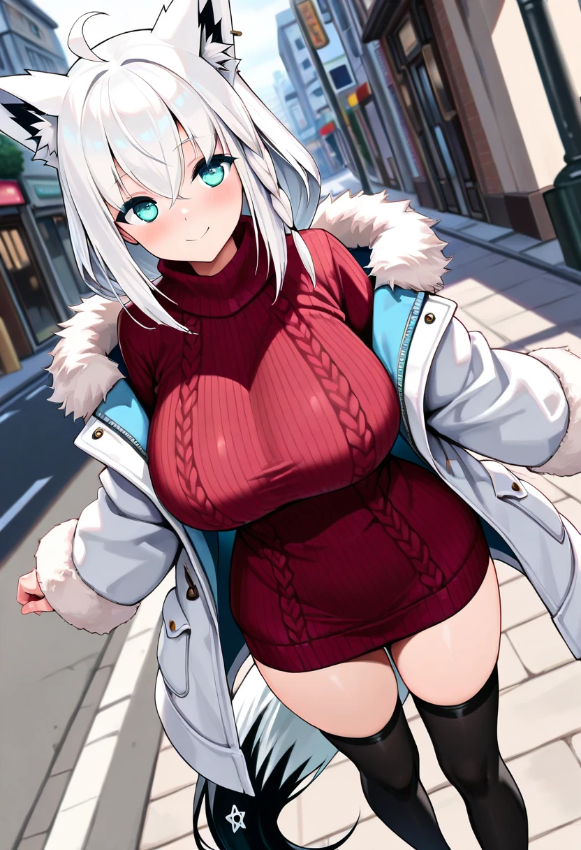 (masterpiece, best quality), 1 girl, tall, adult, perfect body, big breasts, in a winter jacket, shows her chest opening her jacket, full height, white hair, Christmas, park, night outside the window, tired but smiling,