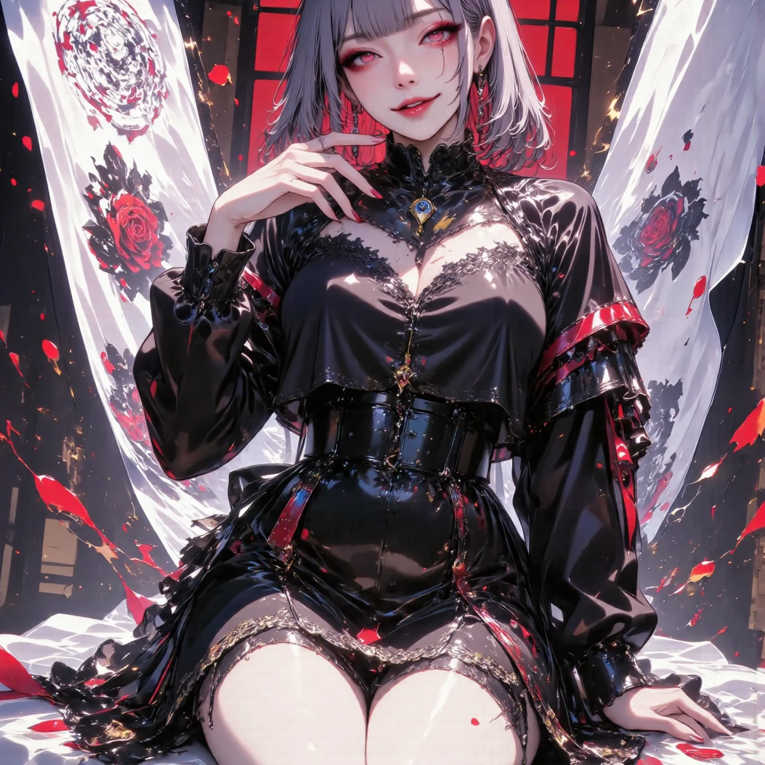 a woman in a black outfit sitting on a tiled floor, ilya kuvshinov. 4 k, oppai cyberpunk, best anime 4k konachan wallpaper, thicc, ilya kuvshinov landscape, seductive anime girl, 8k high quality detailed art, black rose patterned dress. Sexy outfit, nsfw