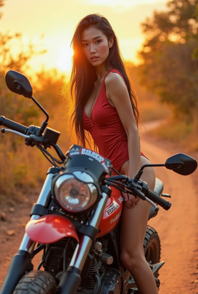 Woman riding a Harley,Long black hair with red highlights, Full Scene Shot, Highest quality, sunset, Step Path, The wind is blowing,Looking up at the sky， Beautiful woman, Outdoor Scene, Natural scenery, bikini, Umbilical cord prolapse, jeans，Cross Belt、Highly detailed face and skin texture, Fine grain,, whole body, Octane Rendering,Two-tone lighting,wide aperture,Low ISO,White balance, Driving a classic motorcycle, landscape