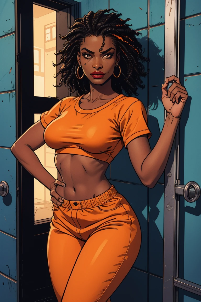 ((((masterpiece, best quality)))), ((33 year old)), (((Curvy))), ((Black woman with black afro)), in ((white bra)), ((white high cut fullback panties)), ((Large Hips)), ((Standing in a cluttered bathroom)), (((comic book art style)))
