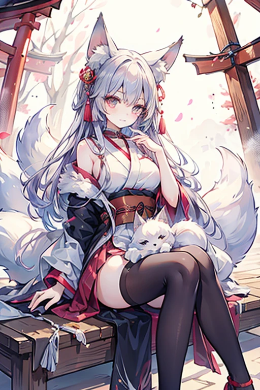 16K resolution, Anthropomorphic red fox,, Sakura Red Hair, Bright red eyes,淡い赤色のChinese styleの衣装を着る,;Personification of the white tiger,woman,Wearing white Han Chinese clothing,White Hair,Gorgeous blue-violet eyes;Wolf personification,woman,Black Hair,Iris,Wear black hanbok;Lantern Festival Background,threesome(stand up,Sitting pose,Recumbent position),Chinese style。