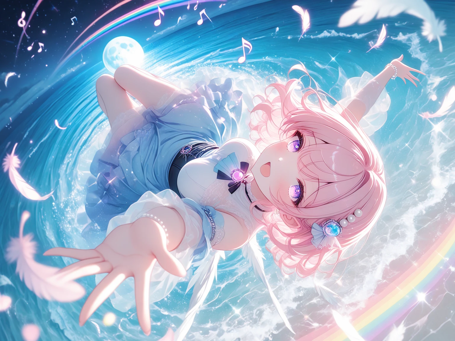 (Best Quality, Masterpiece: 1.1), (Realistic: 1.4), Beautiful schoolgirl is riding on the pink octopus, god ray, teen, silver short hair, blue eyes, full body, from below, hourglass body shape, flying over the park, crystallineAI, fractal art, splash