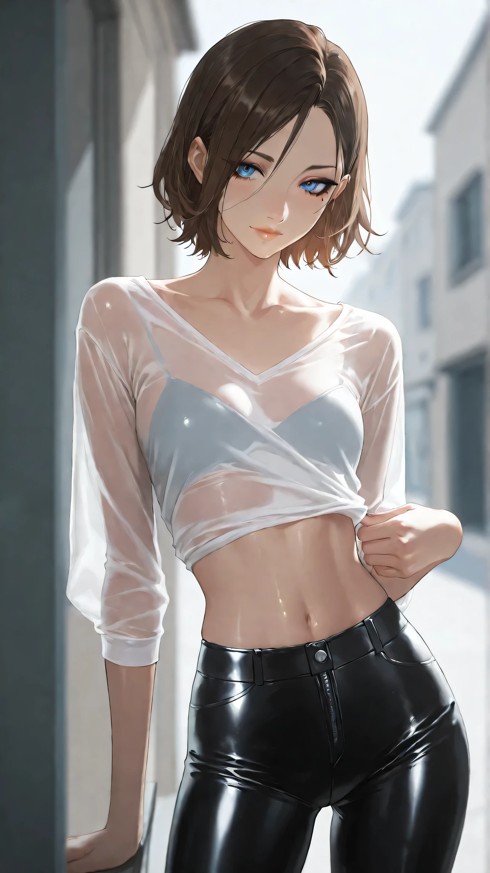 TEW2Juli, 1girl, skinny, short brown hair, blue eyes, eyeliner,   seductive,see through white shirt, tight leather pants, , score_9, score_8_up, score_7_up, score_6_up, masterpiece, best quality, very aesthetic, movie quality, depth of field,soft saturation, focused subject, ,official style, shiny skin, closeup