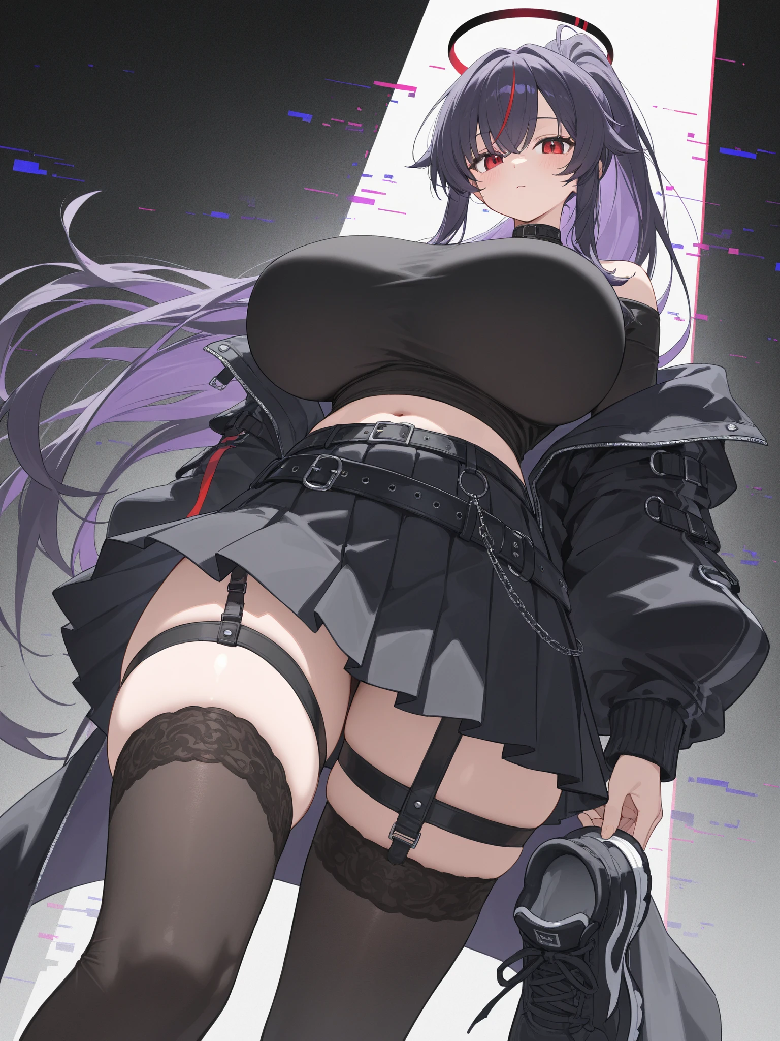 (milf,gigantic breasts, sagging breasts, mature female, ,thick thighs,) 1girl, BRSEXTRA, purple eyes, coat, collar, jacket, long hair, scar, shorts, black bikini top, star \(symbol\), swimsuit, twintails, uneven twintails