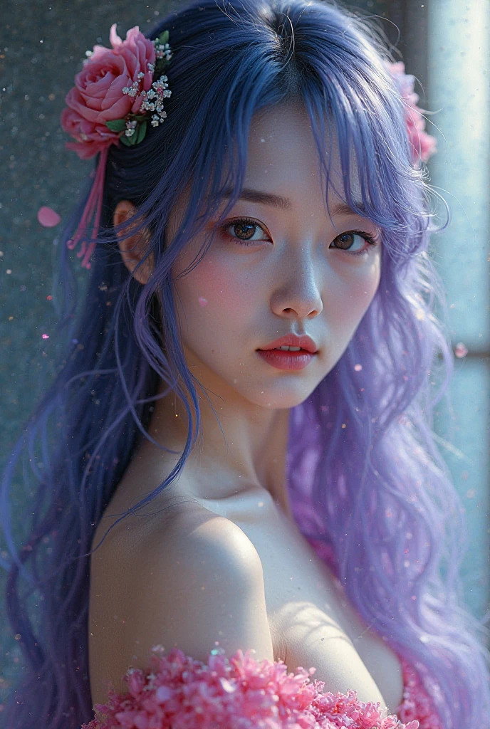 Korean butterfly woman with purple hair wearing headphones and photography outfit 