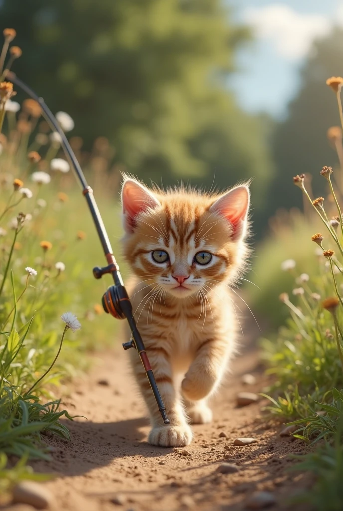 A realistic photo of a cute kitten walking along a dirt path on a sunny ...