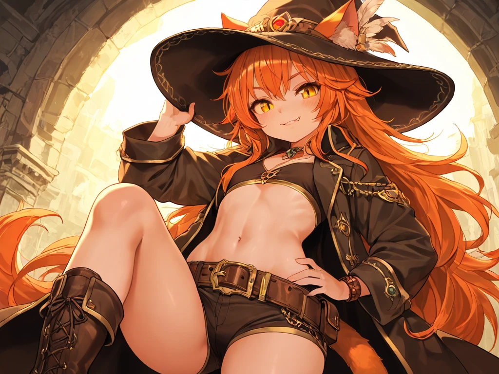 1girl in、Alena、grass field、Orange hair、hat、 cloaks、long boots、Leather gloves、Whip thighs、a navel、punch、ripped clothing
