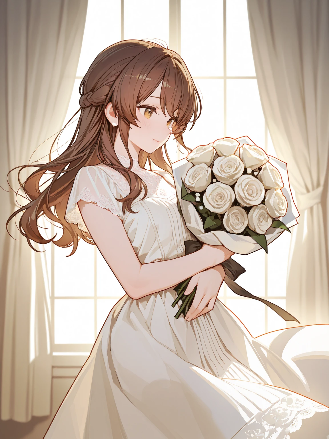masterpiece, best quality, highres, aamiyako, long hair, jewelry, earrings, wedding dress, holding bouquet, garden, smile