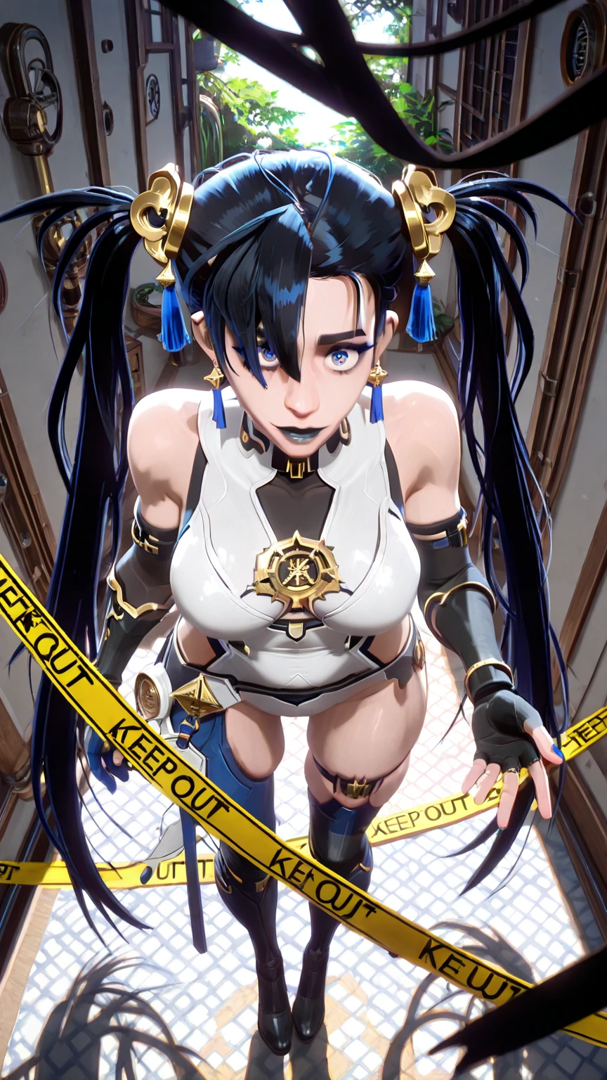 Manhwa, (anime coloring, anime screencap), shiny skin, (j.k.-style:1.8), (butcha-u-style:1.2), ((anatomical correct)), ((Cinematic, unreal engine, eye-catching, ambient occlusion, UHD, masterpiece)), ((perfect lighting, dappled sunlight, soft shadow)), perfect body, perfect eyes, perfect fingers, gasping, heavy breathing, gasping profusely, ((skindentation)), ((curvy)), blue eyes, long hair, twintails, (black hair:1.3), hair ornament, tassel, very long hair, large breasts, lips, boots, hair over one eye, black hair, asymmetrical bangs, foreshortening, gradient color eyes, (yulan1*1.2),, plump, 1girl, caution_tape, solo, looking_at_viewer, gloves, thigh_strap, fingerless_gloves, bare_shoulders, breasts, barefoot, elbow_gloves, keep_out, torn_clothes, black_gloves, sleeveless, standing, closed_mouth, fingernails, star_(symbol),