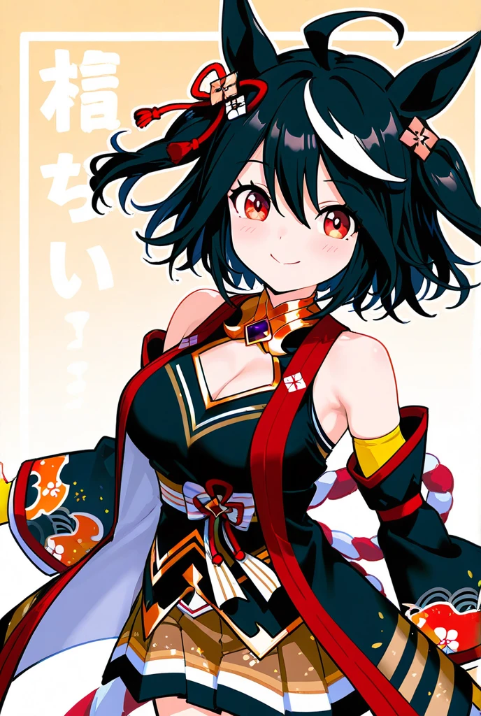 <lora:Konpeto_Style_Dim32:0.8>,((masterpiece,best quality)), absurdres, <lora:Kitasan_Black_Umamusume:0.8>, Kitasan_Black_Umamusume,   animal ears, short hair, streaked hair, hair ornament, medium breasts, horse tail, cleavage, clothing cutout, detached sleeves, shimenawa, skirt, black thighhighs,  solo, smiling, looking at viewer, cowboy shot,