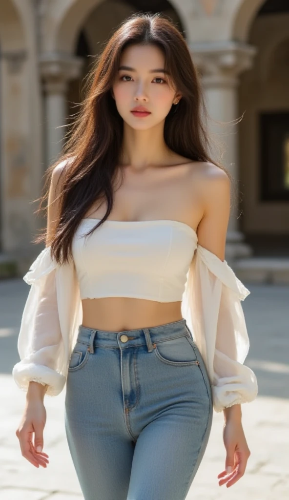 Urban beautiful girl college student, Masterpiece, Light makeup, red lips, silver hair, long messy hair, road background, beautiful, elegant. Very detailed details, Original work, Real texture, Realism of cinematic lighting, perfect job, 8k, high resolution, exquisite face, Tight white off-the-shoulder shirt, Clear white tight shorts, Slim shape, big bright eyes, Smooth skin, earring, necklace, tattoo