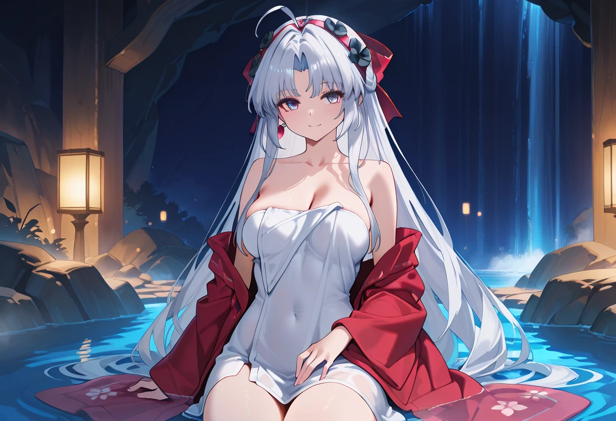1 girl(masterpiece,top quality,best quality,official art,Beauty and aesthetics:1.2),white hair,brown eyes,long hair,big sister,tall figure,enchanted,enchanting,Flushed complexion, playful expression while Blushing, super gigantic breasts,Breasts larger than the head,Red and white kimono, clogs,Off the shoulders,detailed cleavage,Sitting on the stone steps by the water of a hot spring, thigh exposed.