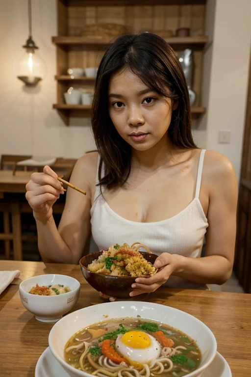 ((best quality)), ((masterpiece)), (detailed), A slender beauty，Eating，A bowl of natural red indica rice