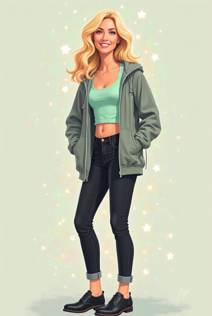 debbieb3rry,  long curly blonde hair, green jacket, orange shirt, torn jeans, purple lips, (intricate details), perfect eyes, perfect face, perfect lighting, beautiful, (masterpiece:1.2), (best quality:1.2)