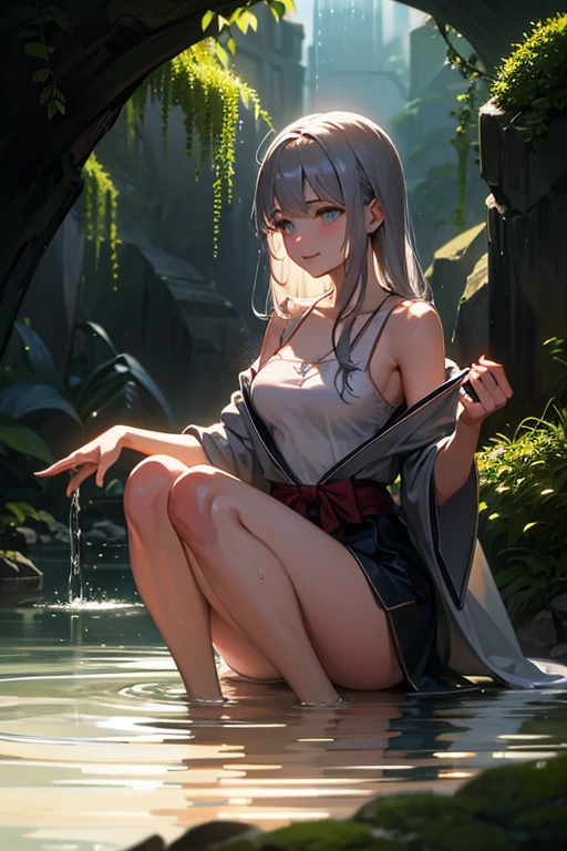 shenhe_\(genshin_impact\), hiten kei style, claude monet, oil painting, masterpiece, hyper realistic, realistic skin, best quality, 1girl, lakeside, huge breasts, huge nipples, erect nipples, looking at another, topless, full body, vector illustration, nipples, light smile, blunt bangs, long hair, stomach, navel, bare shoulders, white hair, braided, wet, soaked, raining, sarong, loincloth, black pantyhose, red tassel, magnolia leaves, autumn, meditating, meditating under the waterfalls, enchanted, waterfalls, falling leaves, talismans, wet body, pouring rain, closed eyes, open mouth, relaxing, laying down, facing up