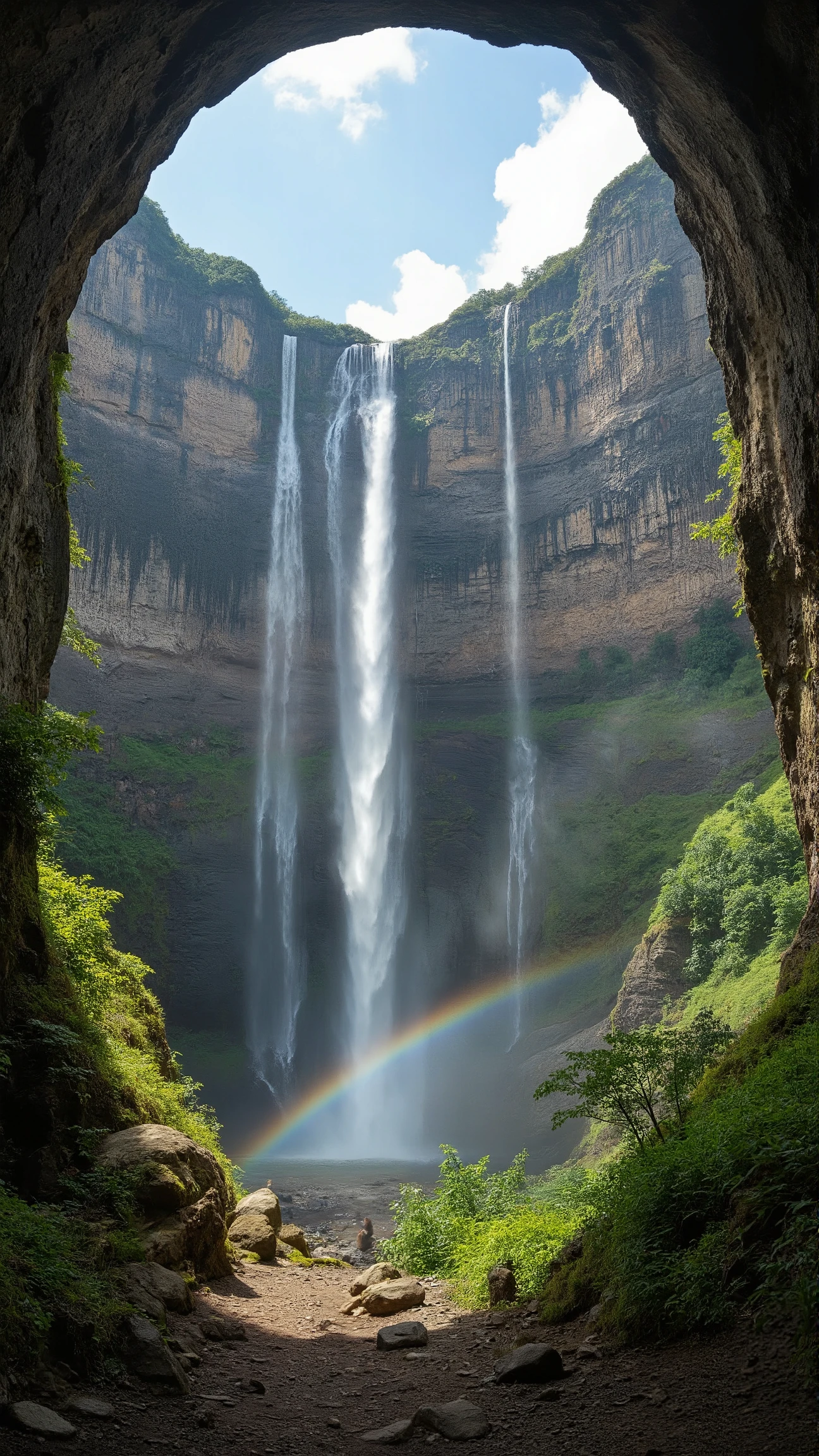 high-definition footage looks up、South America、World Heritage Site in Venezuela「Auyantepui(table)」from under a vertical cliff、number of waterfalls flowing down from above々A spectacular panorama、with a rainbow hanging over it。