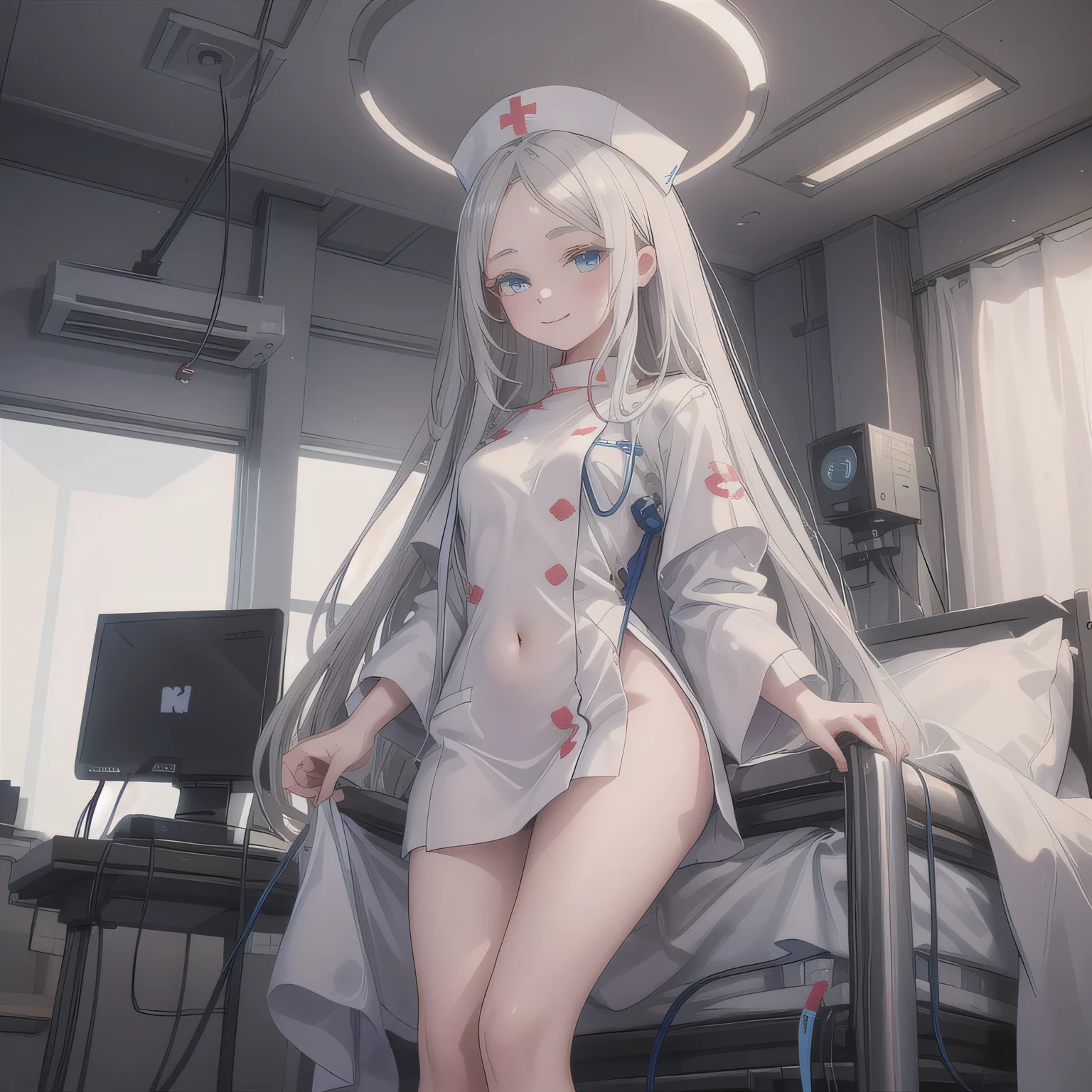 (quality)), ((masterpiece)), Recommended resultsluffly、(see through:1.5)、all the way backward、(Keep hips forward:1.)、angle to floor:1.2、low camera angle、There is  flowing out of the crotch、Whole body facing the camera，Hair can be seen on the crotch，White skin，naked，huge upper body，huge bust，Nurse，looking at the audience, Shy, Smile,White transparent skin，blue eyes , topless , braless , naked 