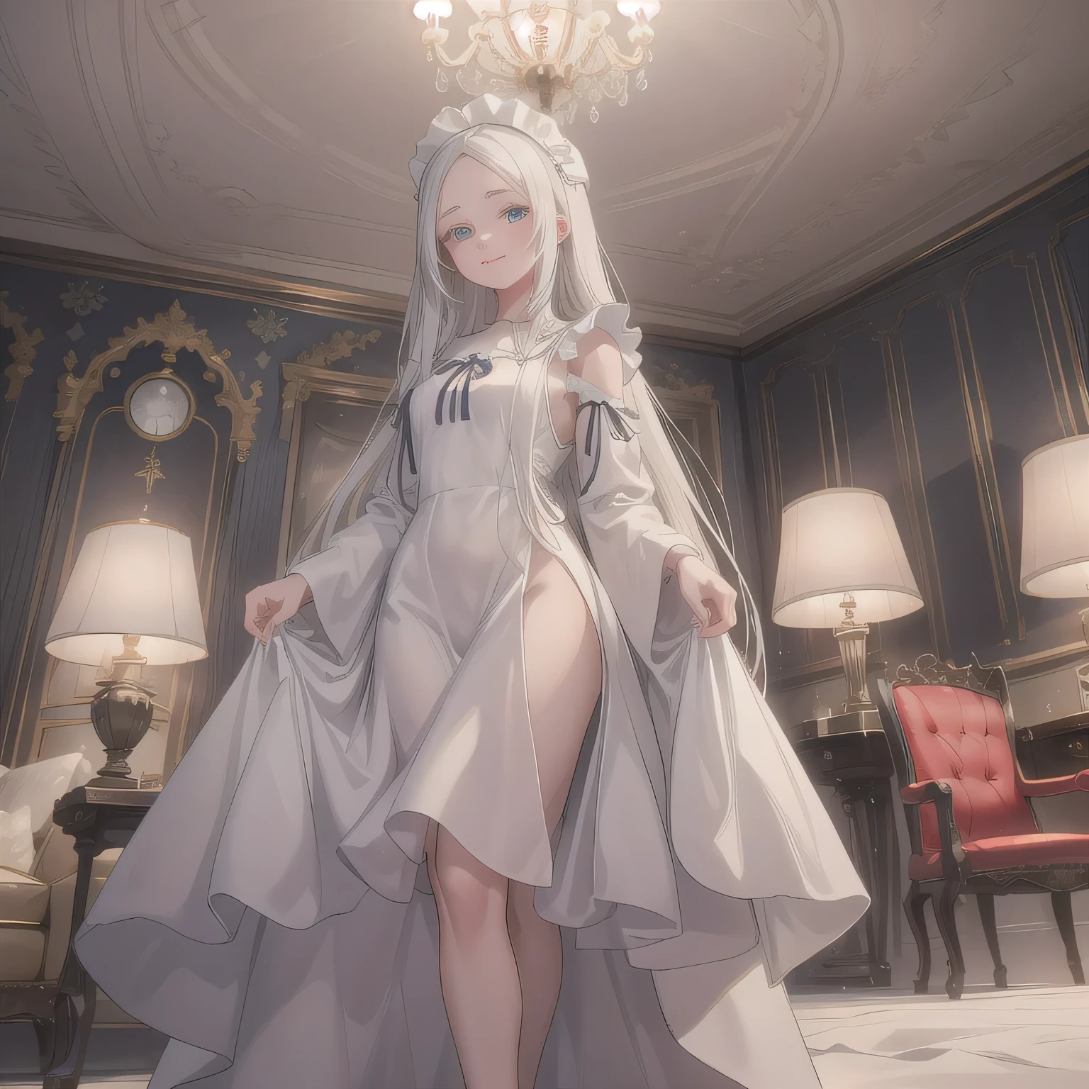 Anime-style image of a woman in a white dress standing in a doorway, , thick, tits proportions, tits, She has a plump, round belly, have large breasts,  [ 4k digital art ]!!,  In a dress, Highly detailed full body, Royal elegant pose