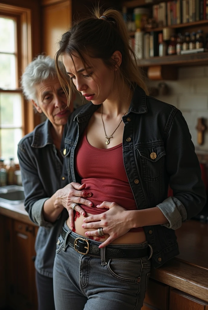 Create an image of a blonde, tattooed woman, sitting in a cafe with a baby, and smokes a cigarette. There should be a wine glass on the table in front of her.