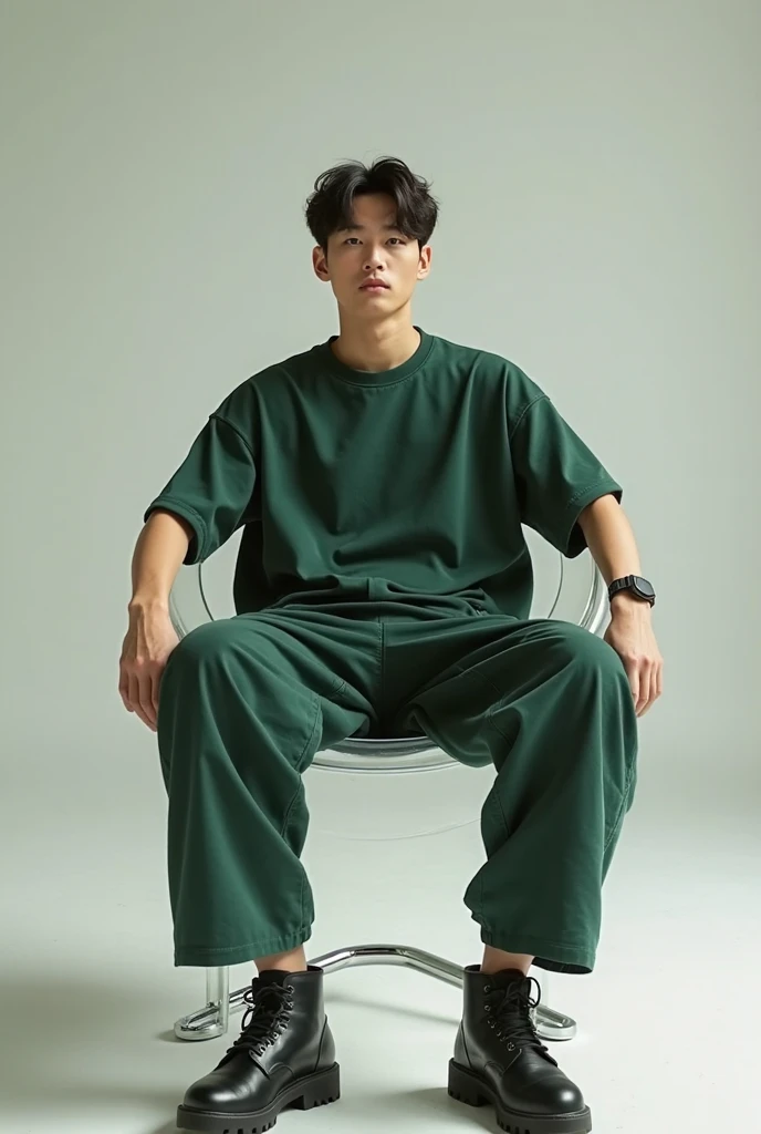  image shows an advertisement shows a young man , a handsome Korean model in a big oversized dark green T-shirt and big cargo pants sitting on a curved transparent chair ,trending . and a beautiful brunette korean girl standing beside him, also wearing a big oversized tshirt. The t-shirt body is made of sturdy looking fabric for a minimalist feel.  Light creates a sense of fashion in sleek design 