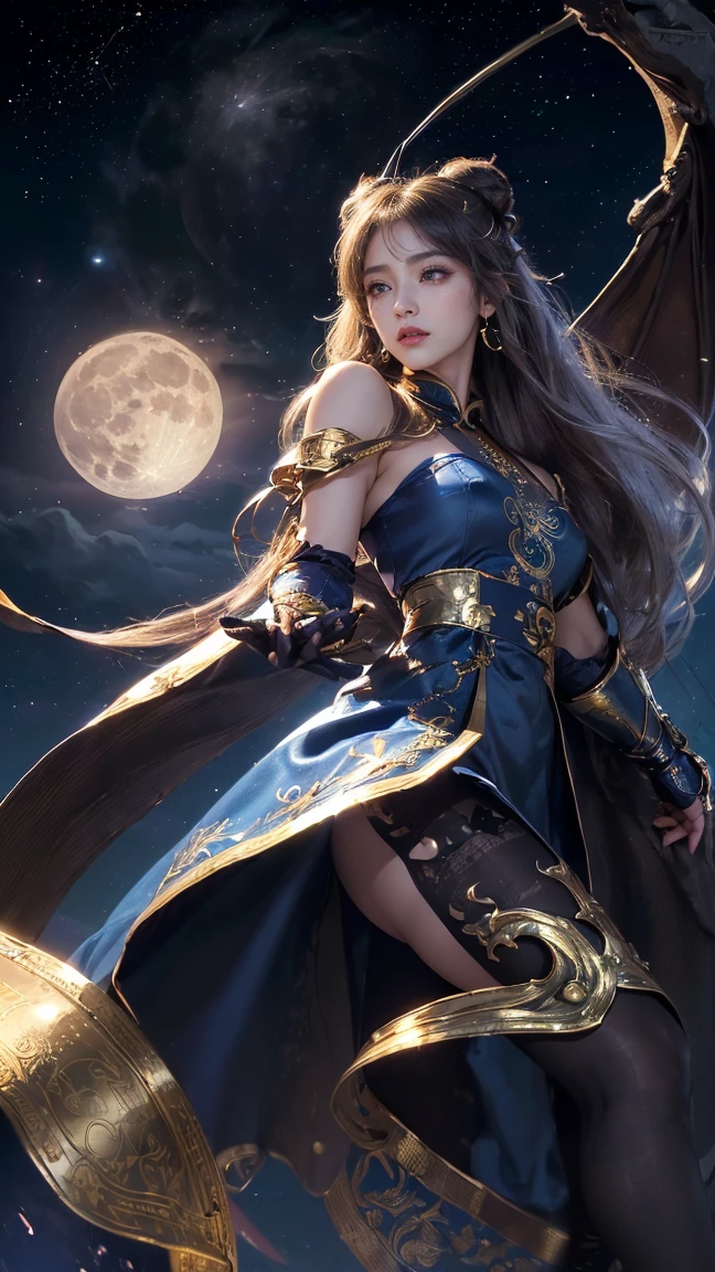 masterpiece, high quality, 4K, Beautiful design,  from the front, Award-winning photo, Highly detailed face,  (from the front, Whole body),Great proportions all the way down to the toes,((archeryをする女性)) The finer details,Attention to detail in the toes, Absurd, Highly detailed woman,  (small breasts:1.5),(archery,bow,bow道),Highly detailed eyes and face,Professional photos, (Rich colors:1.1), Ultra-realistic, Realistic texture,月にbowを放つ女性,1 person,Asians in their 20s, 優しい笑顔でbowを打つ,(Mysterious blue costume:1.5),A sky that feels like space,Big Moon,Milky Way,European folk costumes,Powerful Movement