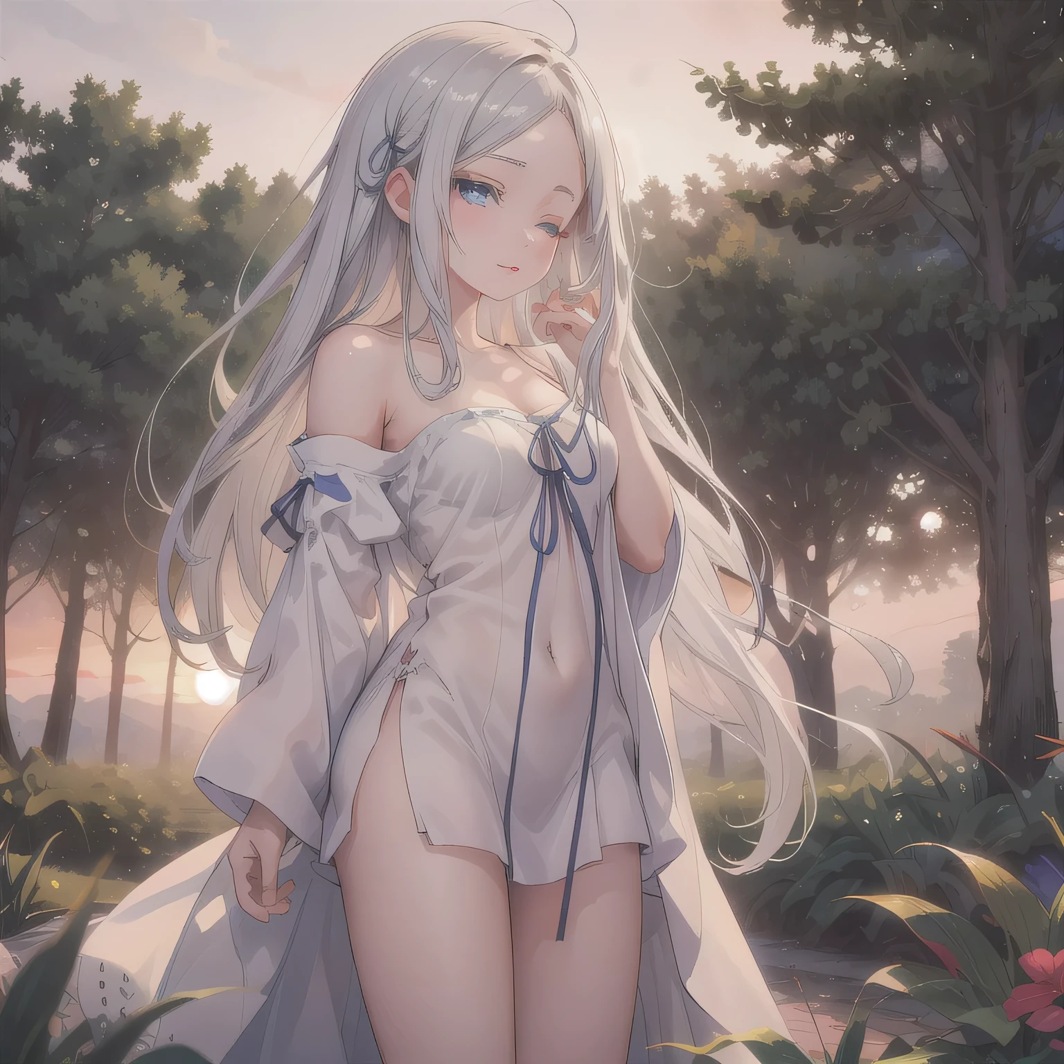Ruins in the forest、((Small Bust)),A white tube top with a slight hint of nipple,mini skirt,Panty shot,(highest quality、4k、8k、High Resolution、masterpiece:1.2)、Super detailed、(Photorealistic:1.37)、Portrait、Sharp Focus、feminine、delicate、White skin、Subtle curves、Gentle expression、Soft lighting、Bright colors、Artistic atmosphere,
