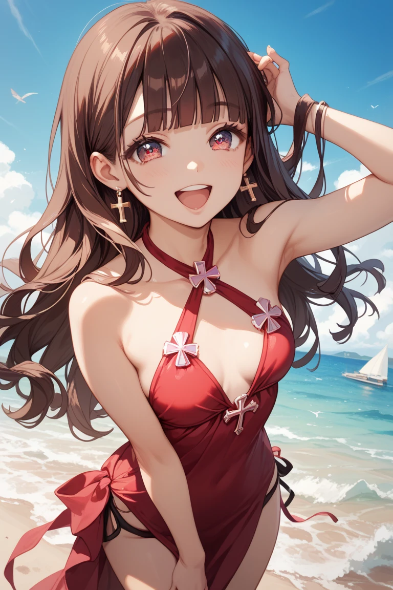 high quality,masterpiece,premium quality, cute,girl, C cup size breasts, brown long hair, cute red lace Mini dress that shows cleavage, Knee-high Socks Barefoot, sunny beach, Eye level,sunlight,Angle of View
