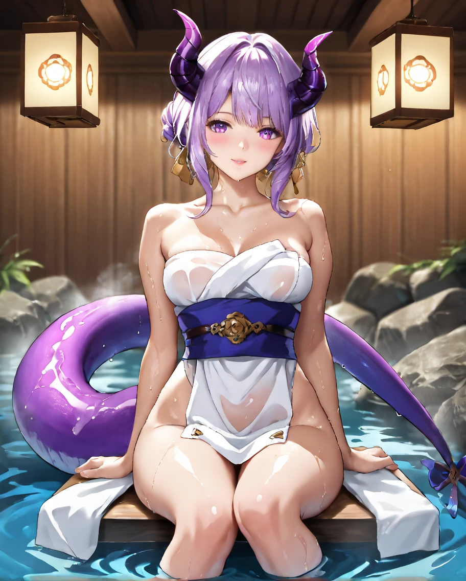 work of art, best qualityer, 1 girl, Cassiopeia spirit blossom, League of Legends, shining skin, cinematic lighting, breasts big, looking ahead at viewer, Messy hair, elf ears, sitting pose, rowing boat, moonligh, water, Riu, white and gold kimono, holding pink lotus, standing alone, ssmile, blush, windy, purples eyes, long purple hair, lamia, snake woman, long, wavy tail, white snake tail, no legs, bee, ultra detali, 8k, RTX, ambient occlusion, rim lighting, busy,