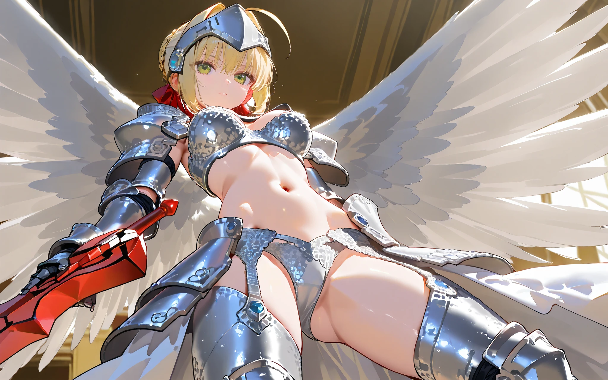 crotch hair, armored nurse uniform, shoulder armor, belt, angel girl, wing, prepare a sword, upskirt, striped panty, spread legs, smile, sideboob, fantasy