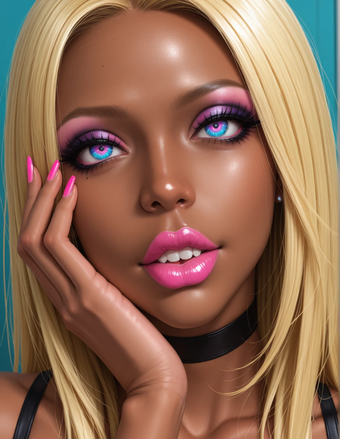 1girl, in laboratory, (18 years old), (dark skin), dark skin, wide shot, light blue eyes, long wavy hair, blond hair, orgasm, (floral sun dress), (Masterpiece, Professional lighting, 16k, 8k wallpaper, raw photo, photo realistic:1.8, ultra detailed, natural lighting, detailed skin sexy pose, open mouth, big lips, night time, magic energy, neon light, orgasm, pink