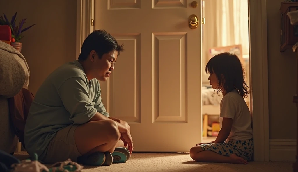 A 43 year old man, 10 years old children, girl, sitting on a sofa, 90's clothes, backgound inside an old house