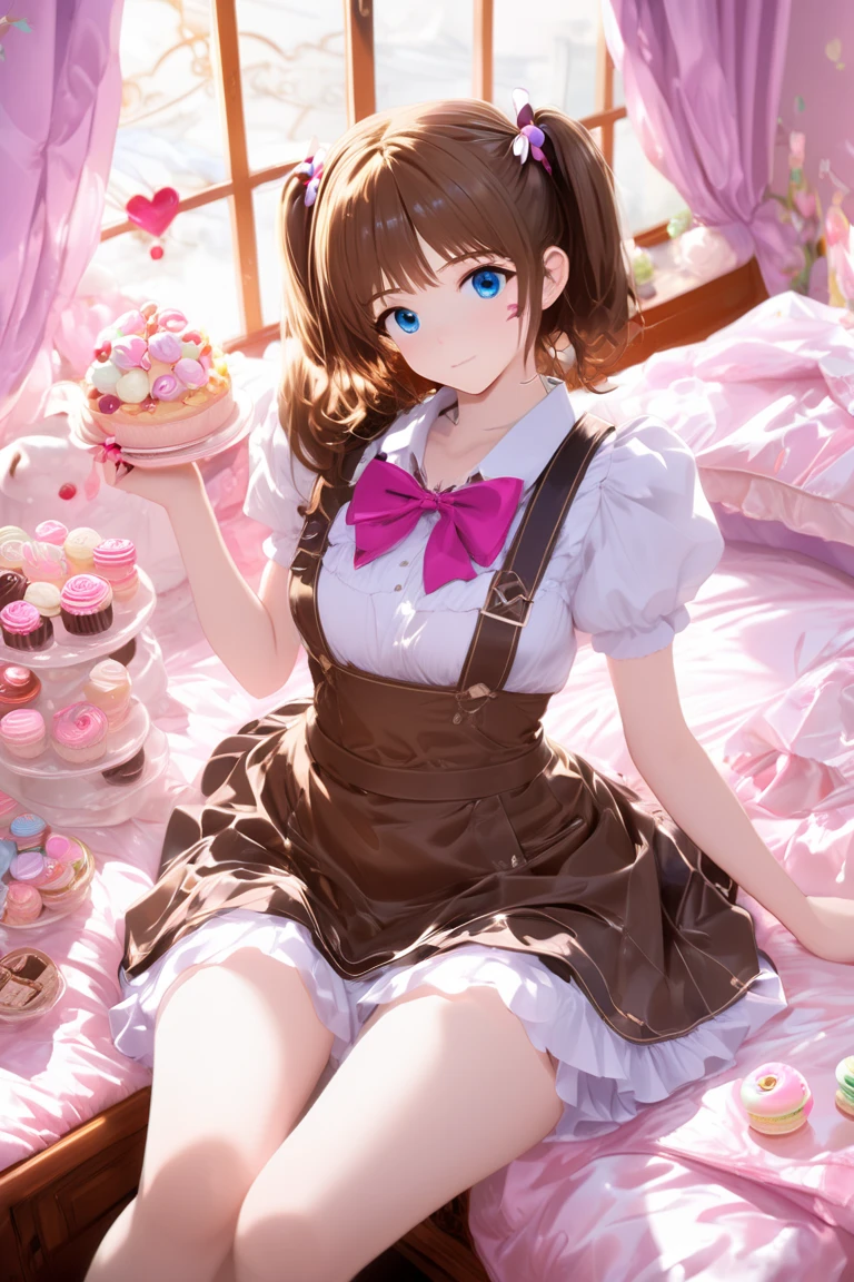 (巨作:1.2), (Ultra-detailed:1.2), (Perfect details), (Extremely fine and beautiful:1.1), Beautiful face, Beautiful eyes, Dramatic lighting, voluminetric lighting, A cute girl, 1girll, Solo, Brown hair, french braid, bangs, Medium hair, Blue eyes, sailor uniformm, shortsleeves, Black pantyhose, Upper body, Sitting, Crossed legs, table, chair, (((( pink kawaii room )))),(((Messy room, Marchen ,macaron,sweets,heart item,star item, small window))),((Miscellaneous goods are placed in a mess:1.5)), Dresser, antimacassar